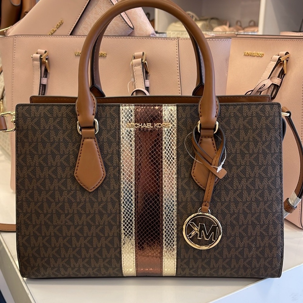 Michael Kors Sheila Medium Signature Logo and Metallic Satchel Crossbody Center